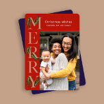 Chic Orange Merry Pine Photo Christmas  Holiday Card<br><div class="desc">Chic orange and navy Christmas greeting card features merry side text decorated with beautiful watercolor greenery pine branches. Personalize this holiday greeting with your own photo and name.</div>