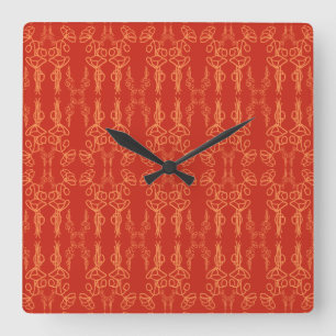 Chic Orange on Red Poppy Outline Square Wall Clock