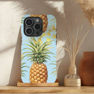 Chic Orange, Pastel Blue and Gold Pineapple Fruit iPhone 15 Case