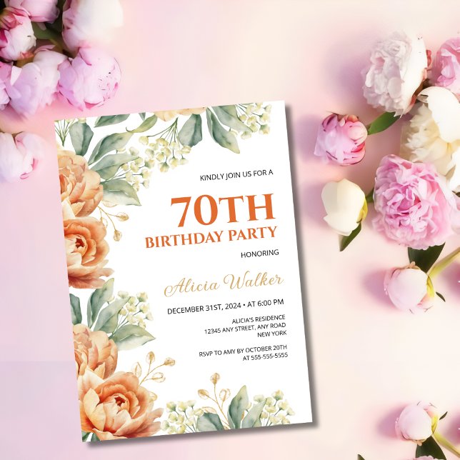 Chic Orange Peony Gold Leaf Greenery Birthday  Invitation (Creator Uploaded)