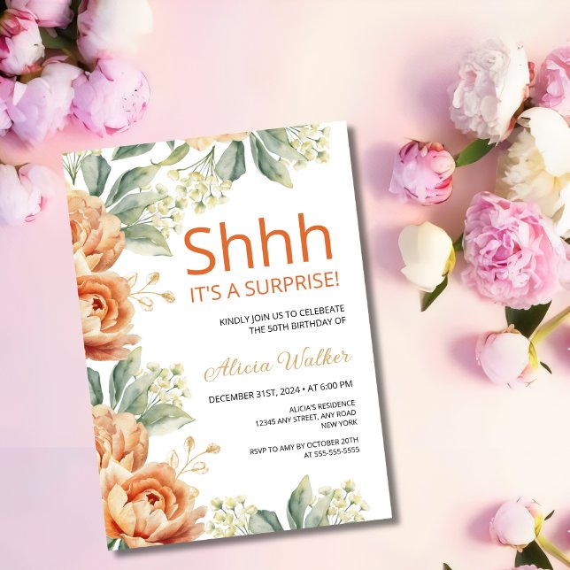 Chic Orange Peony Gold Leaf Surprise Birthday  Invitation (Creator Uploaded)