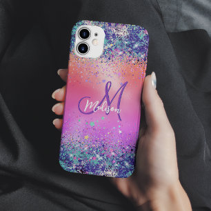 Chic orange pink iridescent faux glitter monogram iPhone 11 pro case