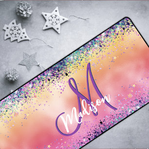 Chic orange pink iridescent faux glitter monogram desk mat