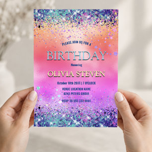 Chic orange pink iridescent faux glitter monogram invitation