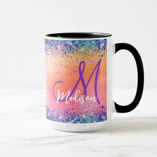 Chic orange pink iridescent faux glitter monogram mug (Right)