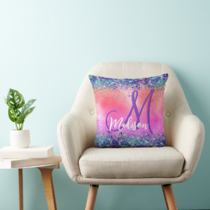 Chic orange pink iridescent faux glitter monogram throw pillow
