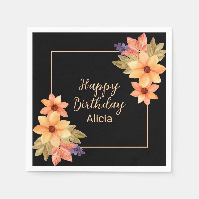 Chic Orange Red Fall Flora Black Birthday Napkin (Front)