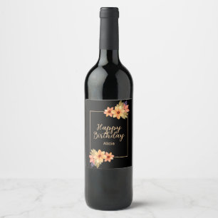 Chic Orange Red Fall Flora Black Birthday Wine Label
