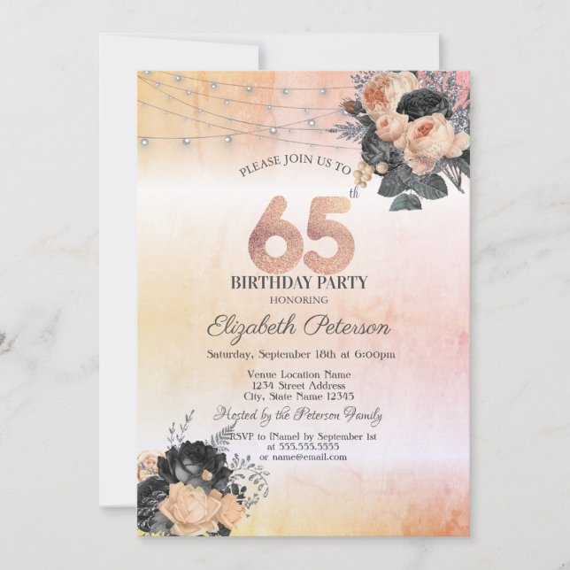 Chic Orange Roses String Lights 65th Birthday Invitation (Front)