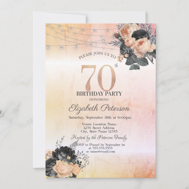 Chic Orange Roses String Lights 70th Birthday Invitation (Front)