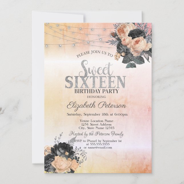 Chic Orange Roses String Lights  Sweet 16 Invitation (Front)