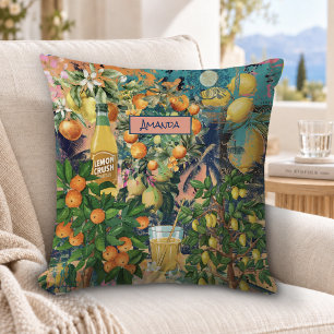 Chic orange sicilian citrus collage floral tiles throw pillow