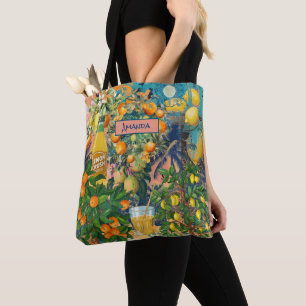 Chic orange sicilian citrus collage floral tiles tote bag