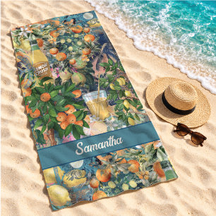 Chic Orange Sicilian Citrus Floral Tile Beach Towel