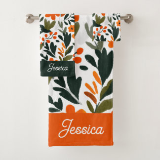 Chic Orange Spring Flowers Botanical Pattern Name  Bath Towel Set
