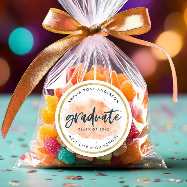 Chic Orange Watercolor Gold Graduate Classic Round Sticker (Creator Uploaded)