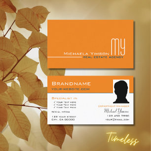 Chic Orange White Simple with Monogram and Photo Business Card
