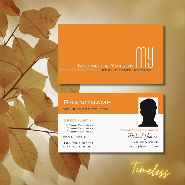 Chic Orange White Simple with Monogram and Photo Business Card (Creator Uploaded)