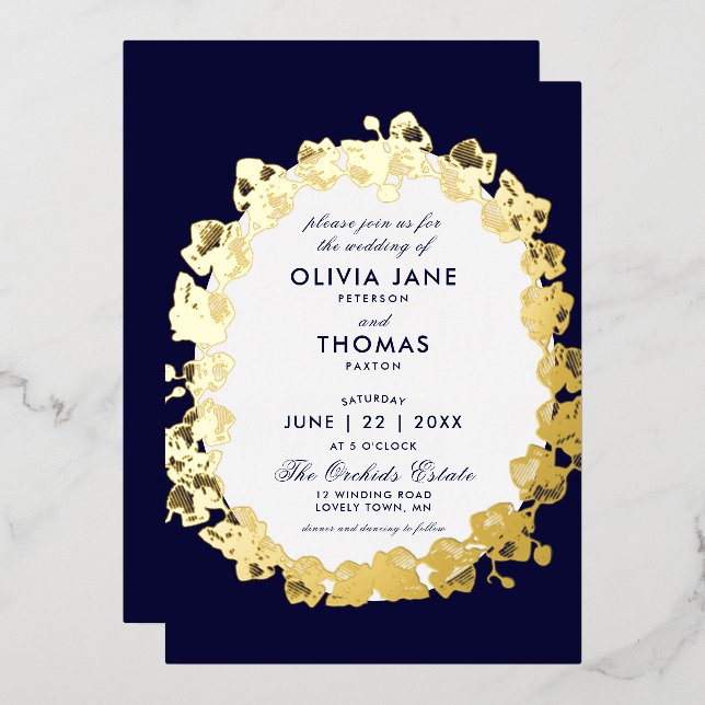 Chic Orchid Floral Wreath Script Navy Gold Wedding (Front/Back)