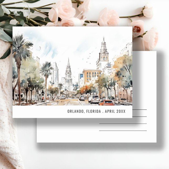 Chic Orlando Florida Skyline Watercolor Travel Postcard (Creator Uploaded)