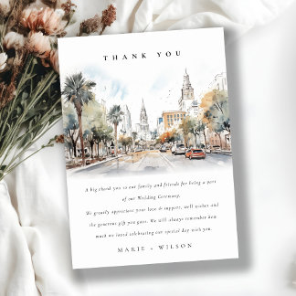 Chic Orlando Florida Skyline Watercolor Wedding Thank You Card