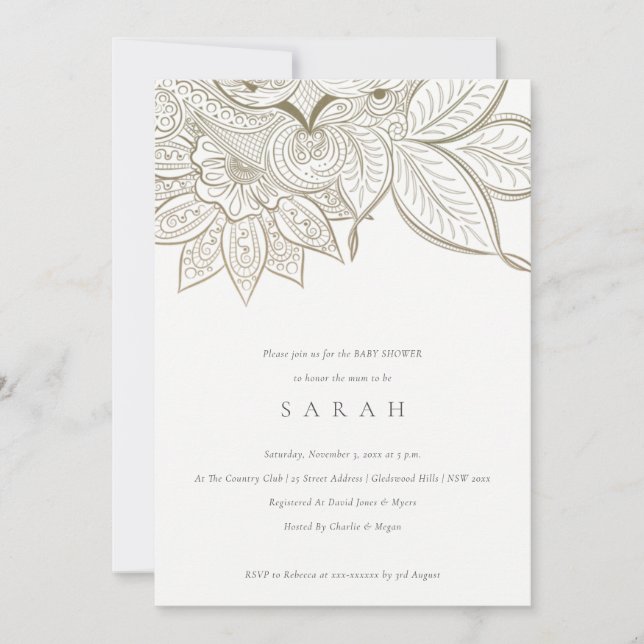 Chic Ornate Paisley Ivory Gold Baby Shower Invite (Front)
