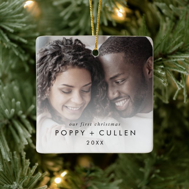 Chic Our First Christmas Couples Keepsake Photo Ceramic Ornament (Tree)