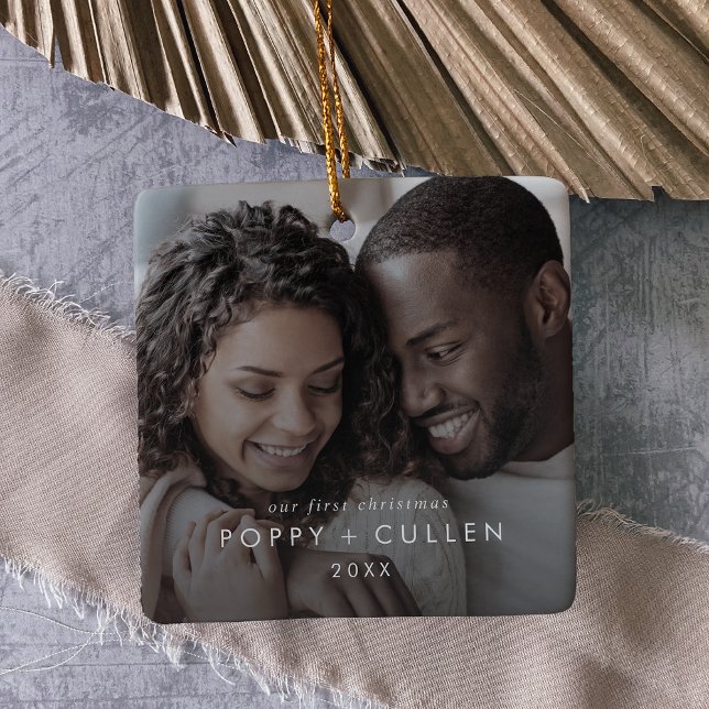 Chic Our First Christmas Couples Photo Overlay Ceramic Ornament (Creator Uploaded)