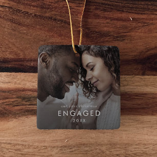 Chic Our First Christmas Engaged Photo Overlay Ceramic Ornament