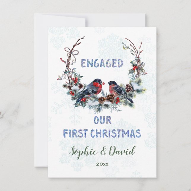 Chic Our First Christmas Wreath with Bullfinches Holiday Card (Front)