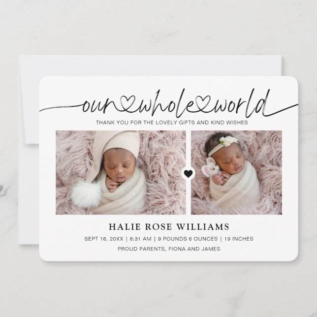 Chic Our Whole World Photo Collage Birth Announcement (Front)