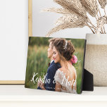 Chic Overlay | Personalized Wedding Photo Plaque<br><div class="desc">Elegant wedding photo plaque features your favourite horizontal or landscape oriented wedding photo. Your names appear in chic hand lettered calligraphy as a text overlay with your wedding date beneath.</div>