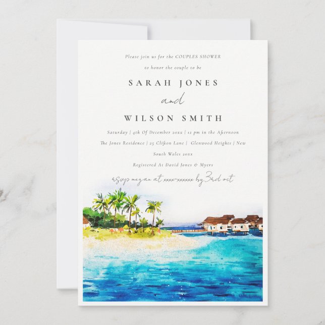 Chic Overwater Villa Seascape Beach Couples Shower Invitation (Front)