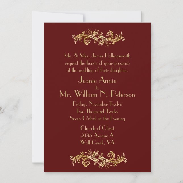 Chic Oxblood et Gold Faire-part de mariage (Devant)