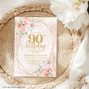 Chic Pale Pink Gold Glitter Flowers 90th Invite