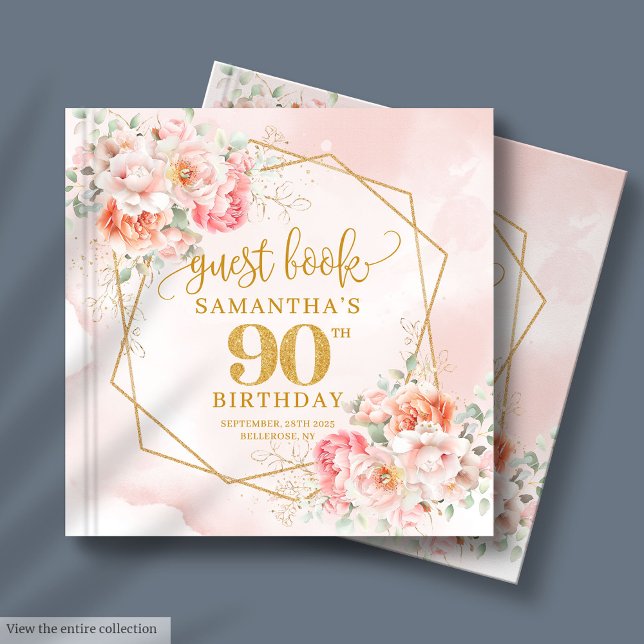 Chic Pale Rose Gold Floral 90 Anniversaire Livre d (Chic Pale Pink Gold Floral 90 Birthday Guest Book)