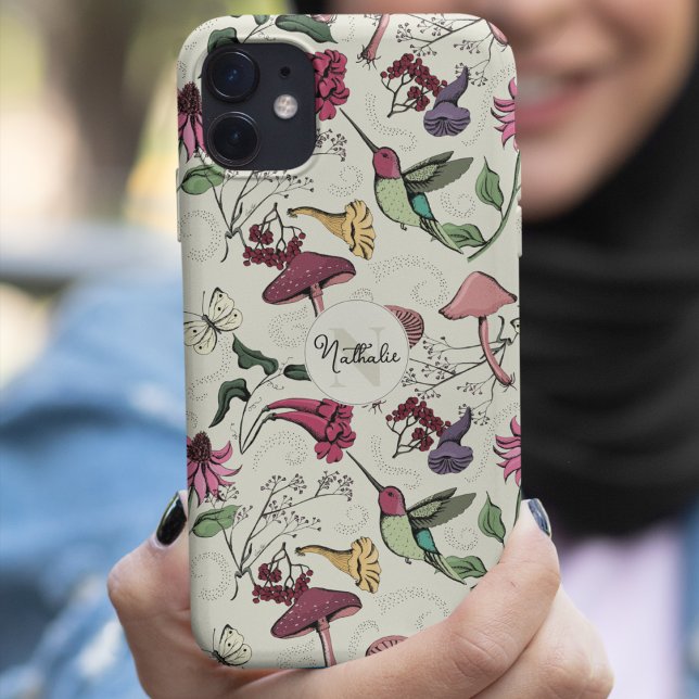 Chic Pale Yellow Hummingbird Garden Monogram Case-Mate iPhone Case (Chic Pale Yellow Custom Monogram & Name Hand-Drawn Hummingbird, Flowers & Mushrooms Illustration)