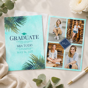Chic Palm Frond Gold Teal Graduation Announcement