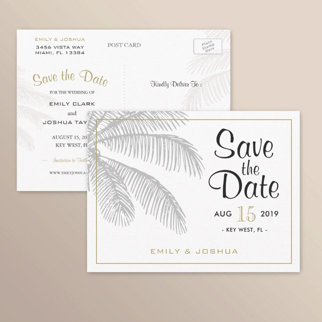 Chic Palm Tree & Gold Wedding Save the Date Custom Announcement Postcard (Creator Uploaded)