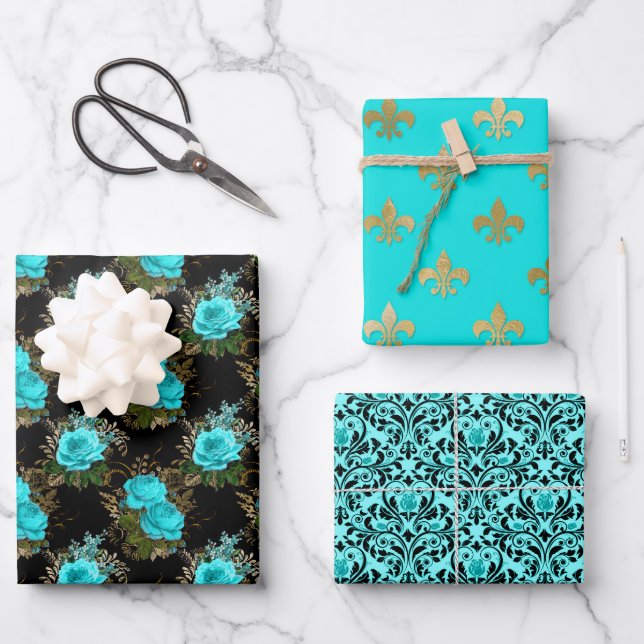 Chic Paris Aqua Blue, Black and Gold Wrapping Paper Sheet (Front)
