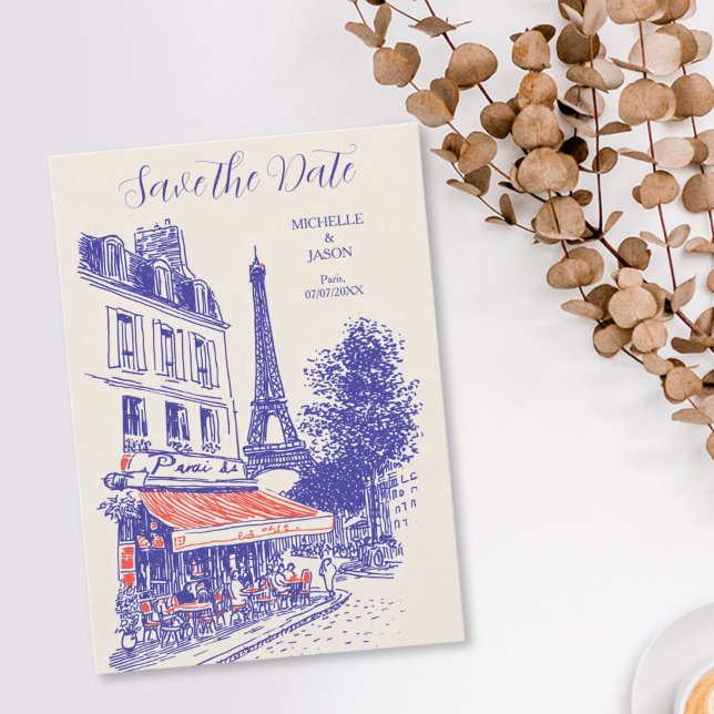 Chic Paris Doodle Whimsical Eiffel Tower Save The Date (chic paris doodle wedding invitation)