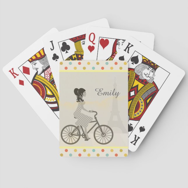 Chic Paris Girl Riding Bike Dotty Personalised Playing Cards (Back)