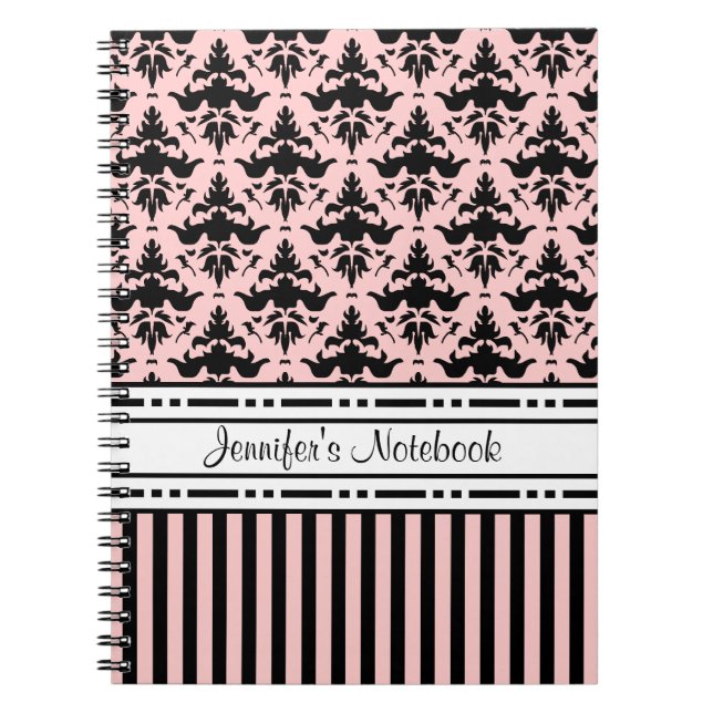Chic Paris Pink and Black Damask and Stripes Notebook (Front)