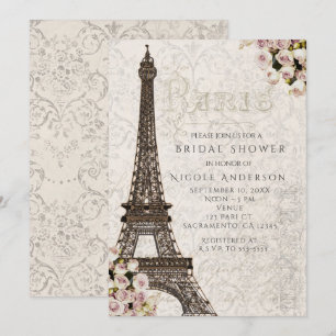 Chic Paris Tour Eiffel & Roses Invitation élégante
