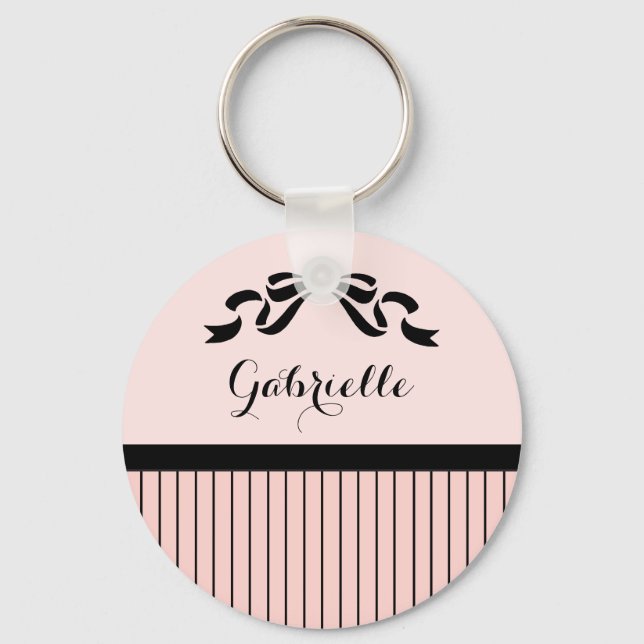 Chic Parisian Pink Pinstripes Black Bow and Name Keychain (Front)