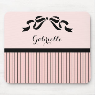 Chic Parisian Pink Pinstripes Black Bow and Name Mouse Pad