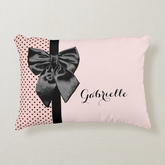 Chic Parisian Pink Polka Dots Black Bow and Name Accent Pillow (Front)