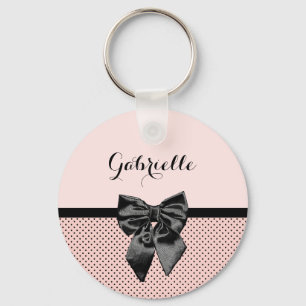Chic Parisian Pink Polka Dots Black Bow and Name Keychain
