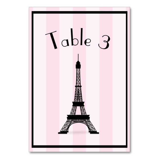 Chic Parisian Pink Stripe Black Eiffel Tower Table Number (Front)