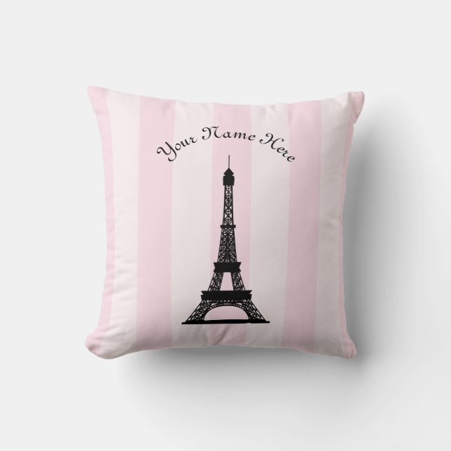 Chic Parisian Pink Stripe Black Eiffel Tower Throw Pillow (Front)